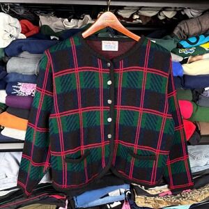 Vintage 80's Tally-Ho Plaid Wool Cardigan Sweater Womens Small Black Green USA